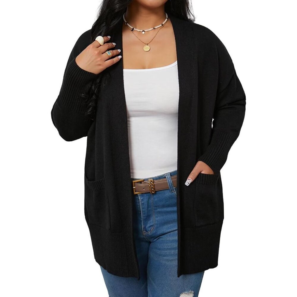 Plus Size Women's Long Sleeve Open Front Cardigan with Pockets Lightweight